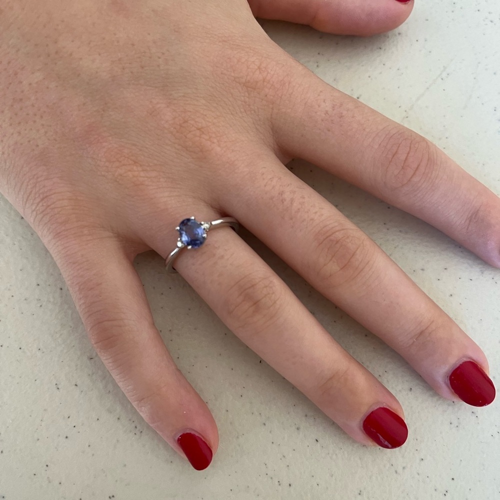 Brand New Oval Tanzanite and Diamond Three Stone Ring 10K White Gold Authentic